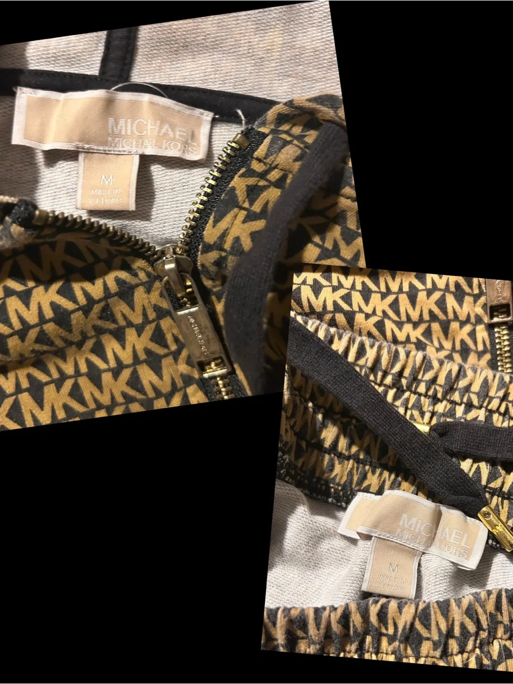 Michael Kors Black/Tan Patterned Hooded Jumpsuit with Black Accents